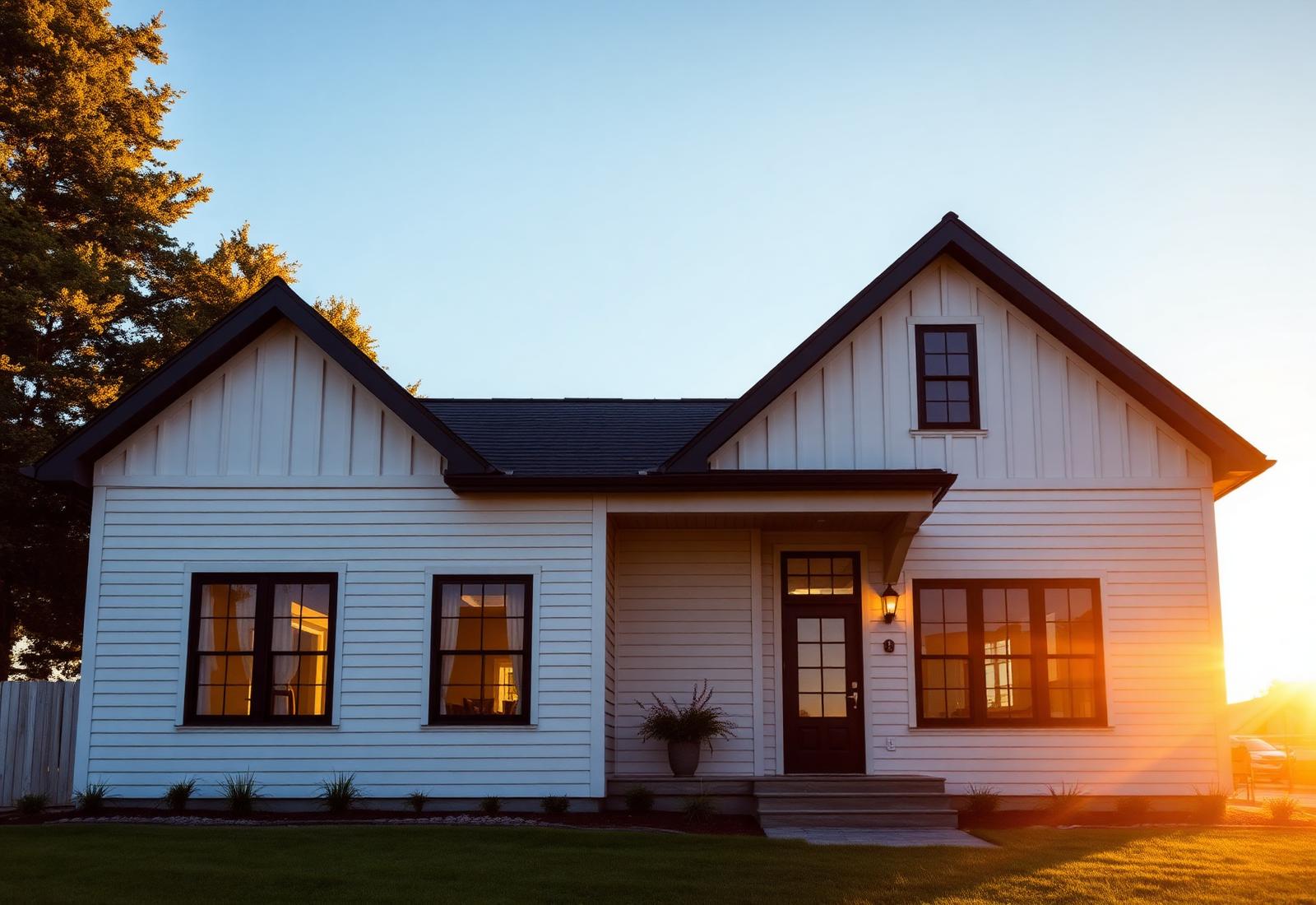 Modern farmhouse built by Joldersma Construction at golden hour